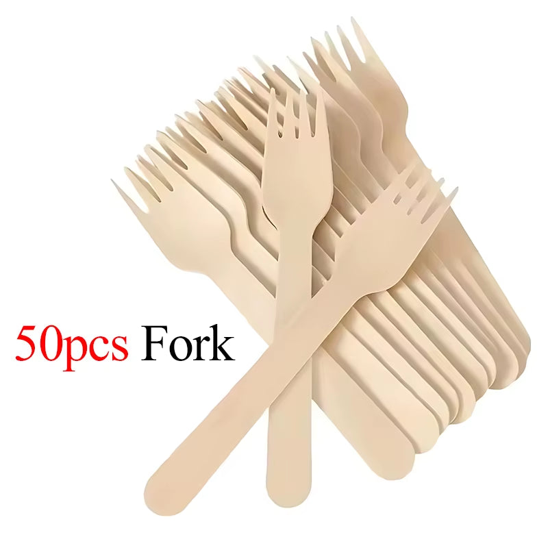 Disposable Wooden Cutlery 50/100PCS Pack 14Cm Fork Spoon Party Camping Picnic Wedding Travel Tableware Sets Kitchen Supplies ZYF