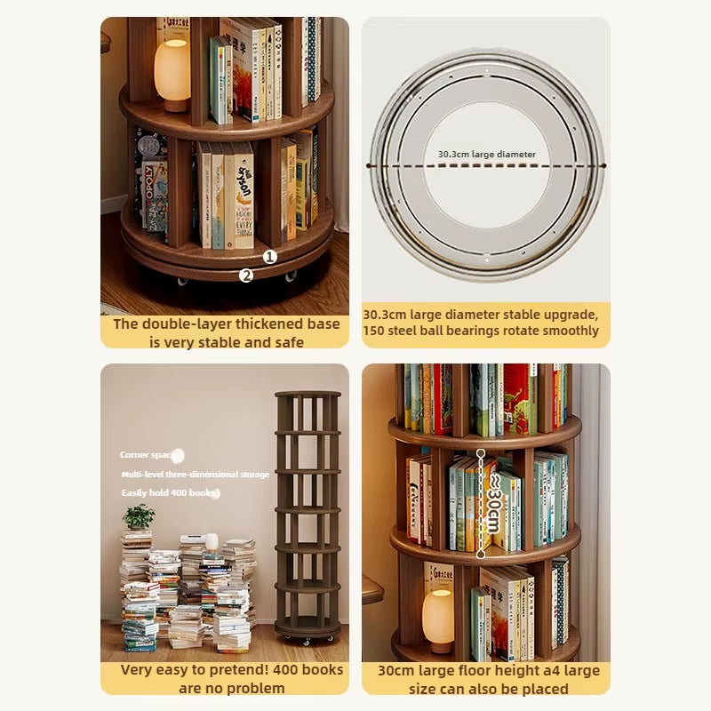 360-Degree Rotating Solid Wood Bookshelf: Floor-To-Ceiling, Wall-Mounted, Narrow Corner Cabinet