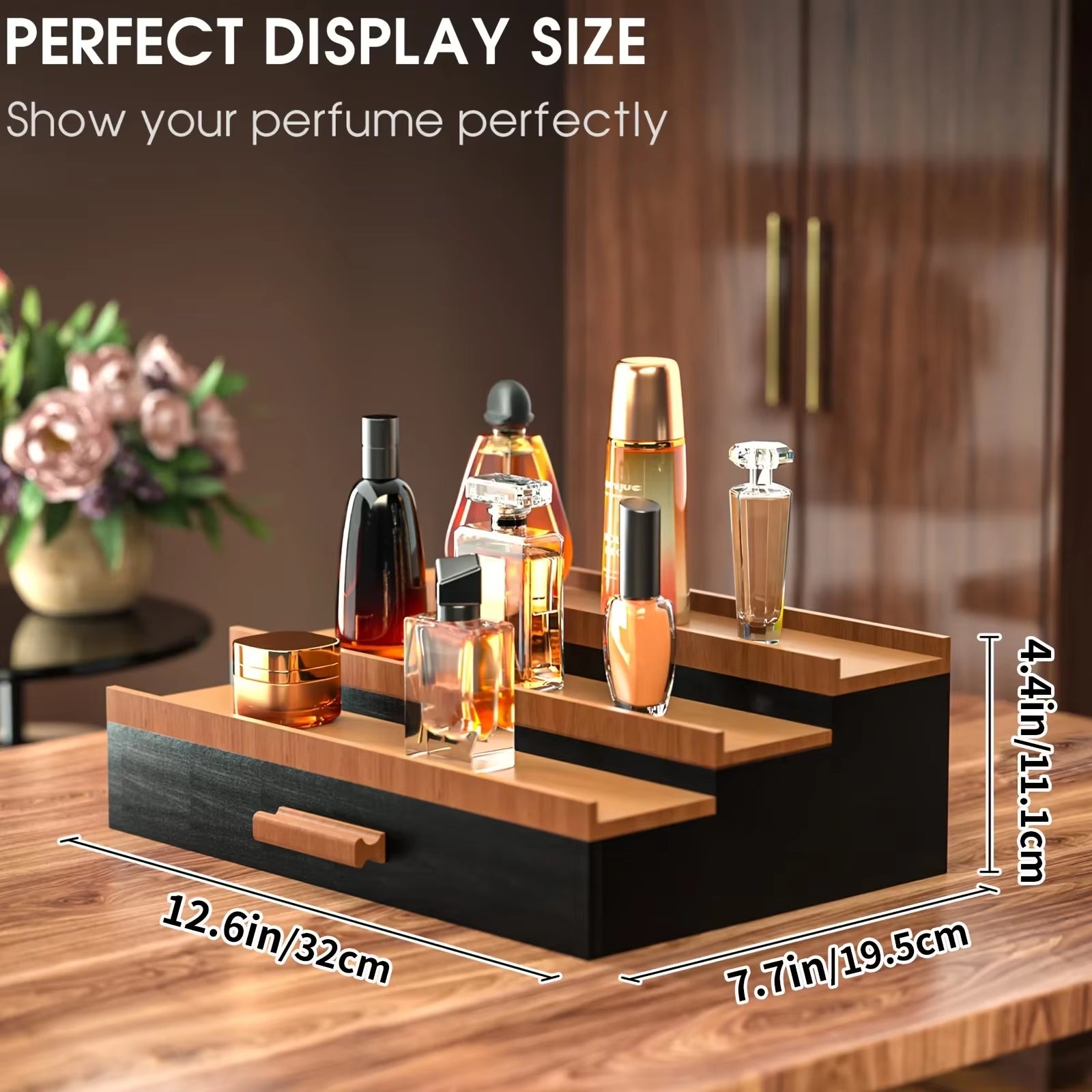 3-Tier Black Walnut Cologne Organizer with Drawer Elegant Men'S Perfume Display Stand Artisanal Storage Showcase for Home Decor