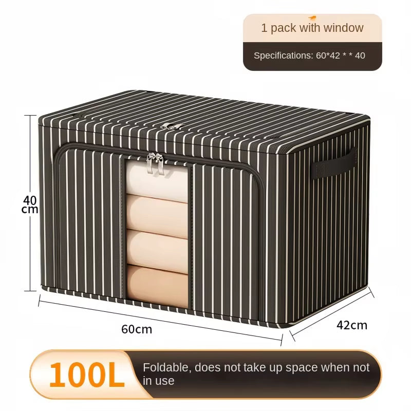 Oxford Striped Wardrobe Organizer - Home/Clothing Storage Box with Handle and Window, Steel Frame - Waterproof - Foldable (60Cm)