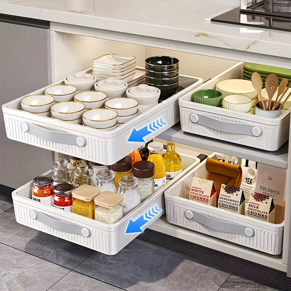1 PC Kitchen Cabinet Drawer Storage Boxes with Slide Rails Pull-Out Kitchen Storage Tray Spice Box Shelf Cabinets Organizer