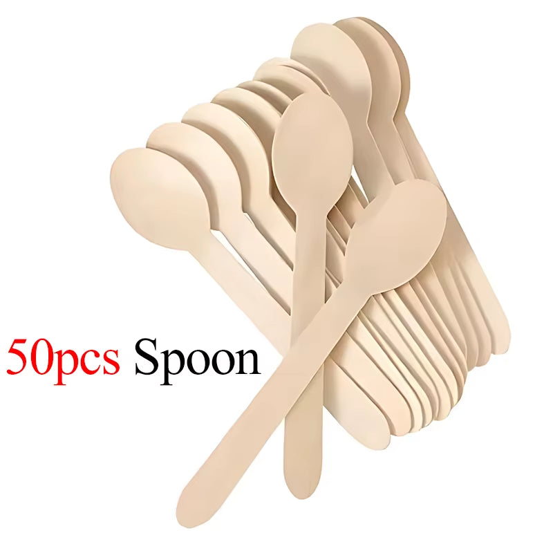 Disposable Wooden Cutlery 50/100PCS Pack 14Cm Fork Spoon Party Camping Picnic Wedding Travel Tableware Sets Kitchen Supplies ZYF