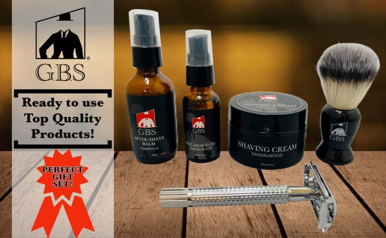 Men'S Shaving Kit - Safety Razor, Sandalwood Cream, Aftershave, Pre-Shave Oil, Brush - Gifts Set