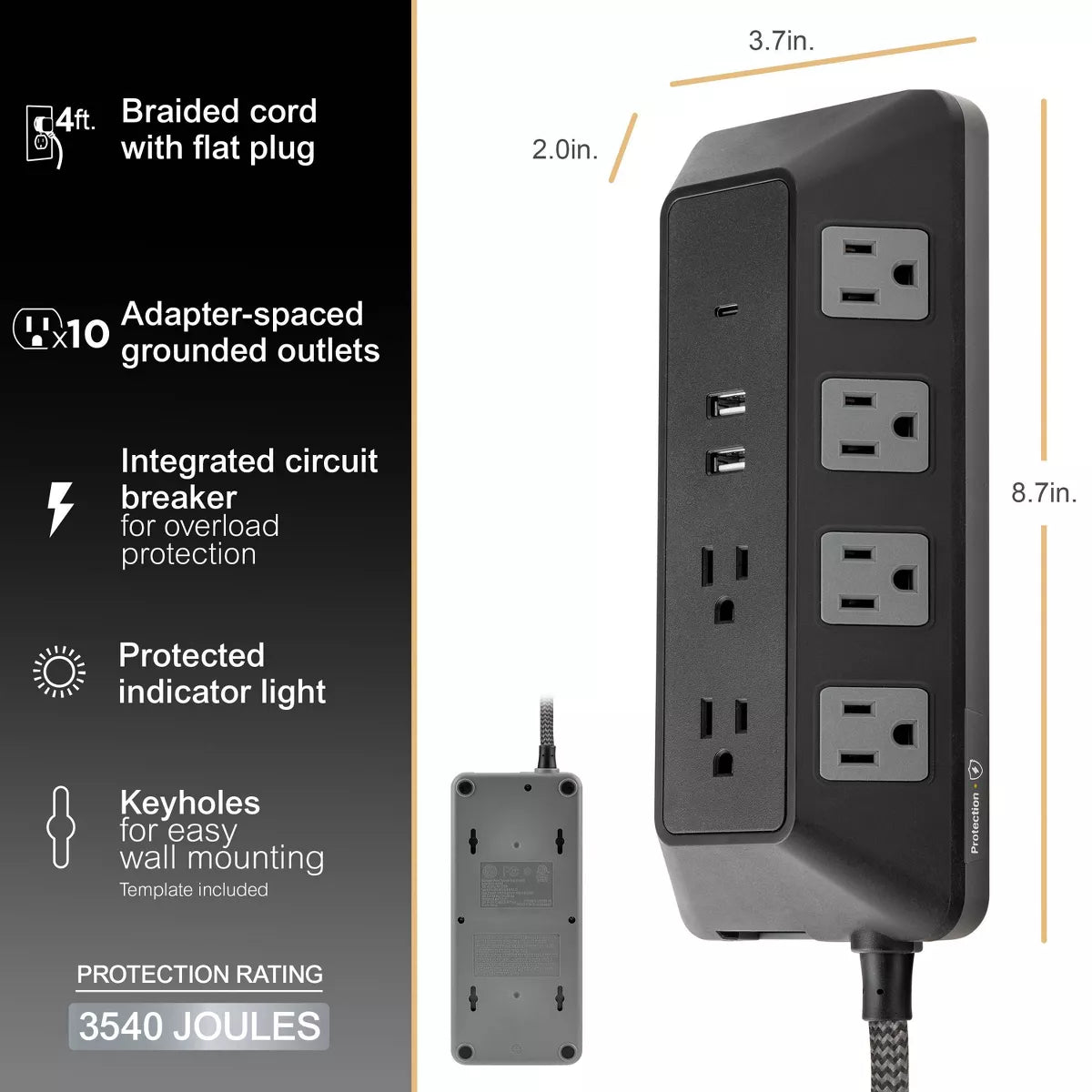 GE 10-Outlet Surge Protector 2 USB-A and 1 USB-C 3540J 4' Braided Cord Black: Extension Cord & Outlet Extender