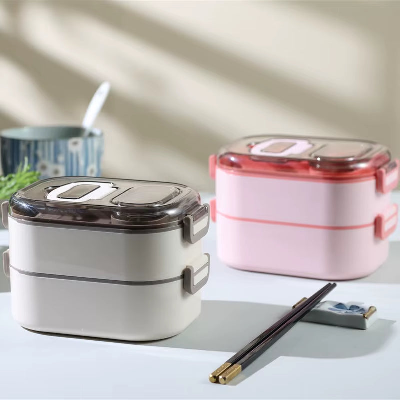 Office Worker Lunch Box Double-Layer Bento Box Stainless Steel Heating Lunch Box Set Student Tableware Microwave