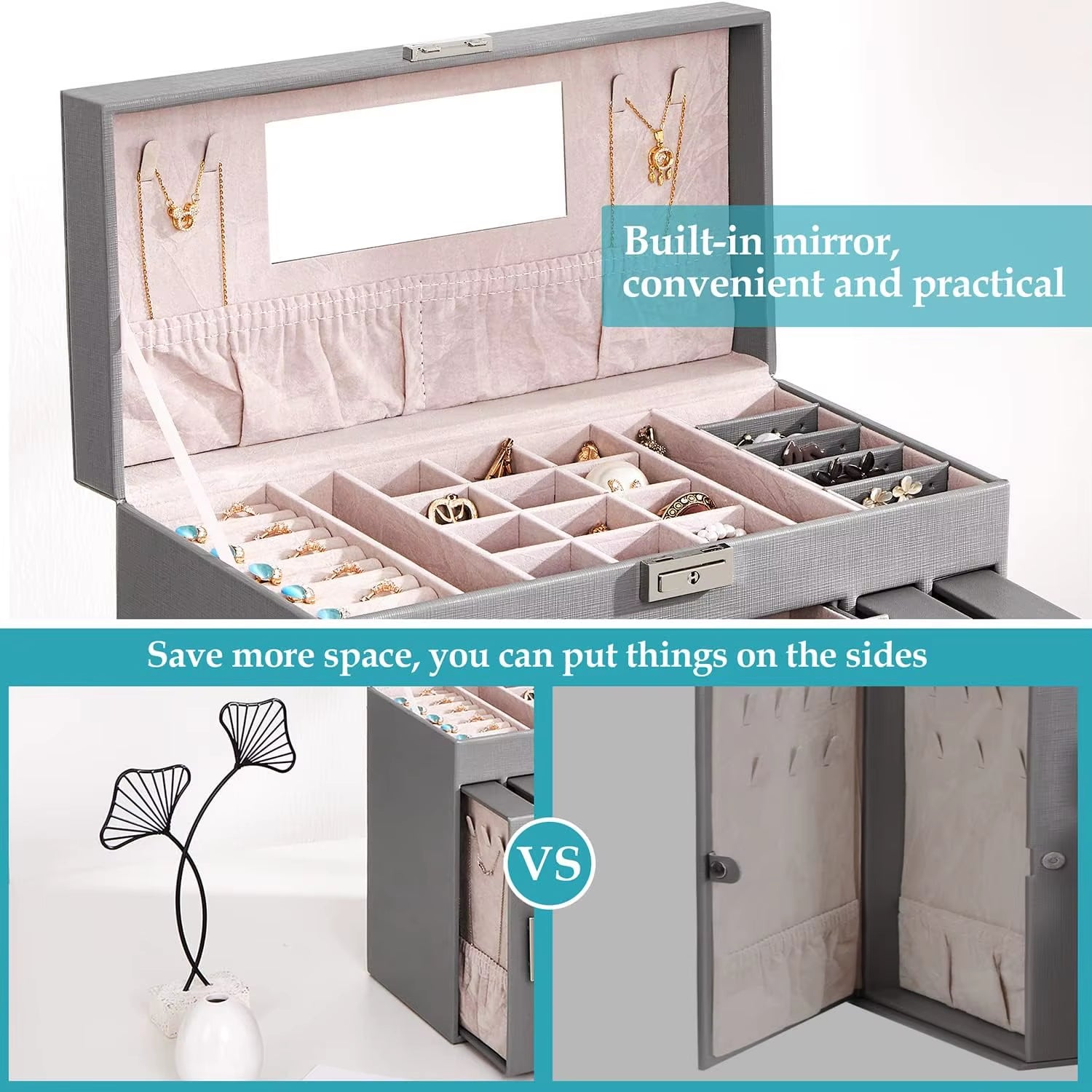 Jewelry Box Jewelry Organizer 6 Tier Jewelery Case Storage with Lock Mirror Jewelry Chest Large Jewellery Organizer for Earrings