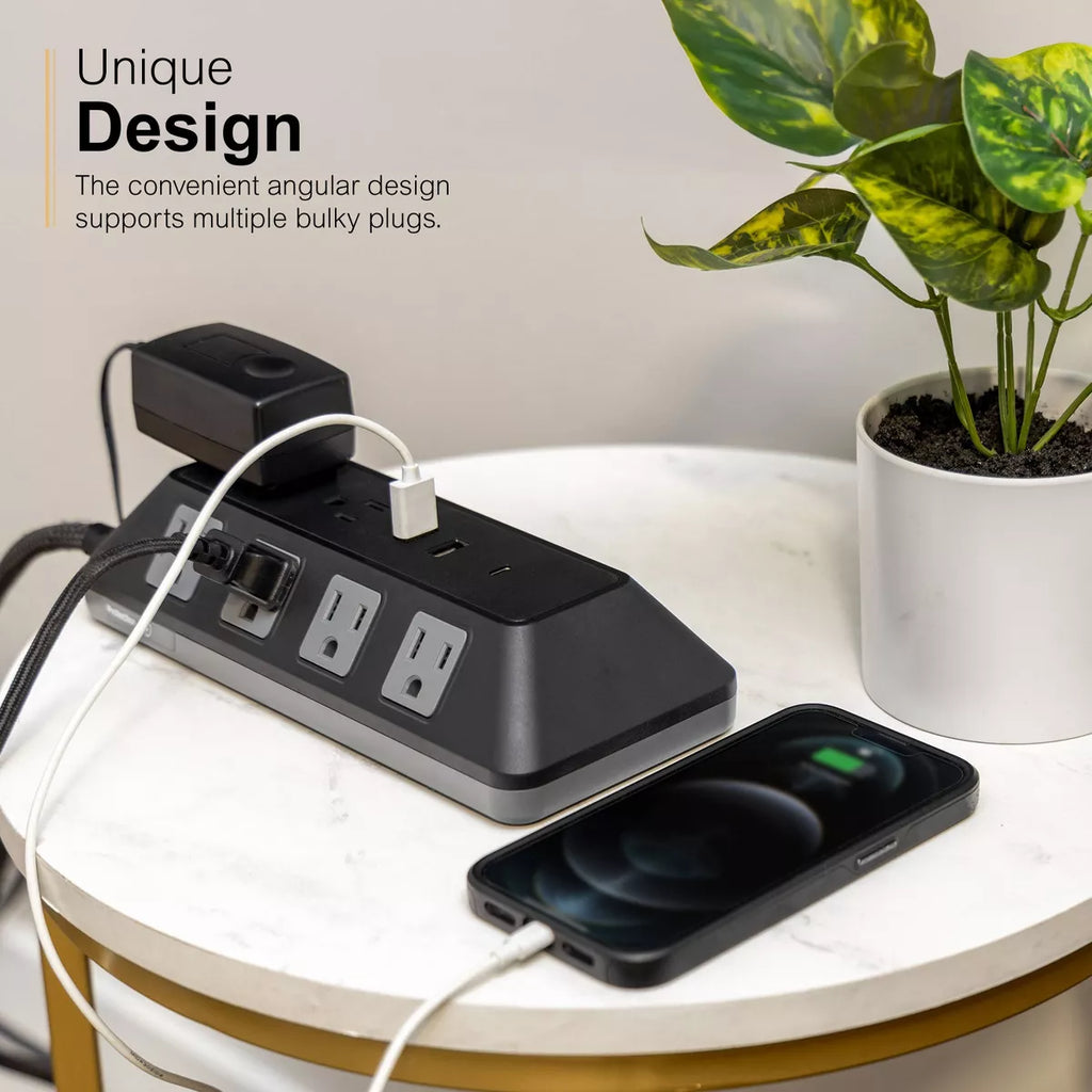 GE 10-Outlet Surge Protector 2 USB-A and 1 USB-C 3540J 4' Braided Cord Black: Extension Cord & Outlet Extender