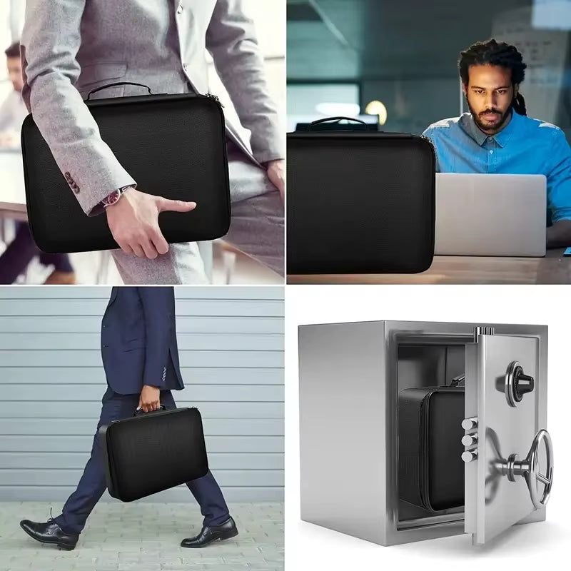 Fireproof Black Document Bag , Water-Resistant Zipper Portable Laptopfiles Certificates Organizer Box , Multi-Compartment File