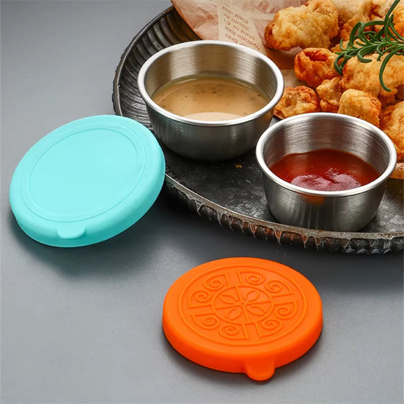 40/50/70ML Sealed Silicone Lid Sauce Cup Stainless Steel Small Seasoning Bowl Salad Tomato Dipping Saucer Box Kitchen Tableware