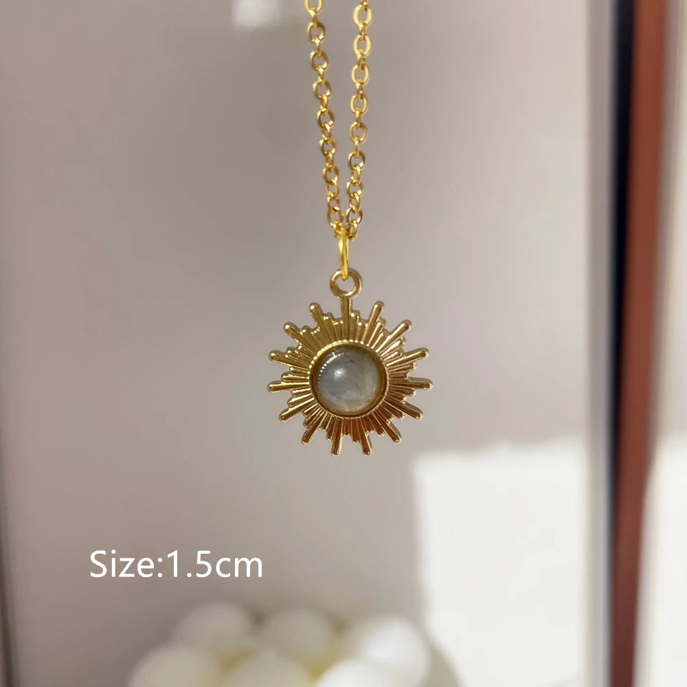 2022 New Gray Enamel round Star Sun Charm Natural Stones Pendants Necklace Stainless Steel Clavicle Chain Jewelry
