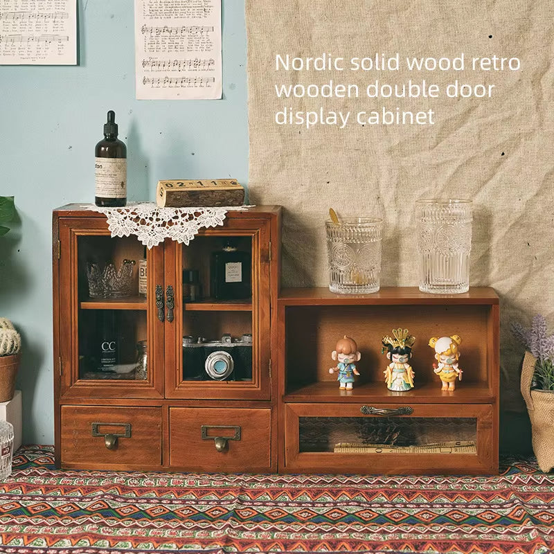 Nordic Solid Wood Retro Wooden Double Door Display Cabinet Miscellaneous Cosmetics Storage Cabinet Drawer Desktop Storage Box