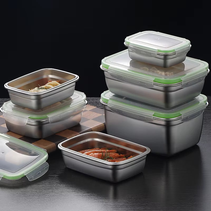 High Quality 304 Stainless Steel Food Storage Container Set, Stackable Lunch Box, Transparent Lid, Home Kitchen, School Office