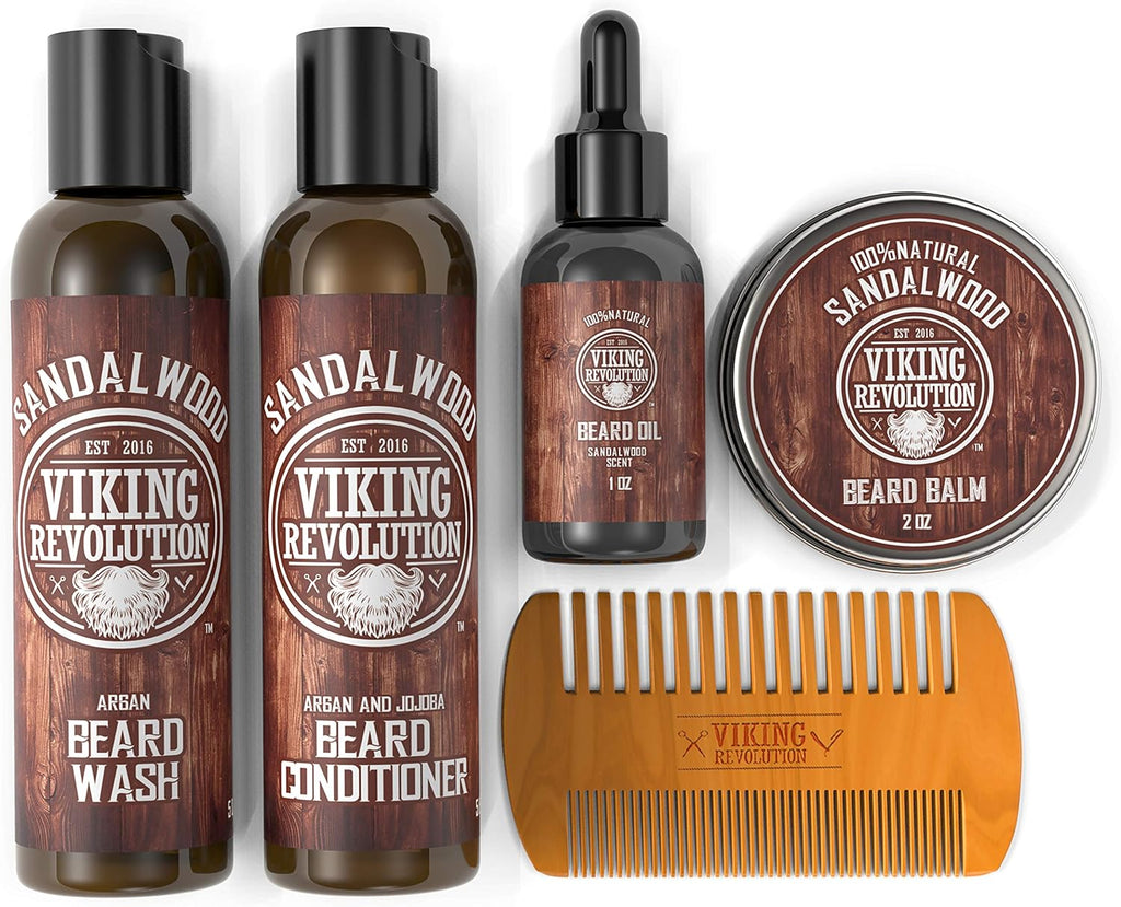 Beard Grooming Kit - with Beard Wash, Conditioner, Oil, Balm & Comb - Softens, Smoothes, Soothes - Sandalwood Scent - Gifts for Men