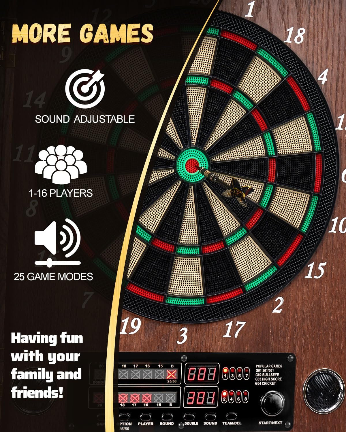 Electronic Dart Board, Decorative Dart Board Cabinet Set for Adults [12*Bronze Soft Tip Darts] [Cricket Game Mode]- Wooden Electric Dartboard Cabinet for Family Game Rooms 26