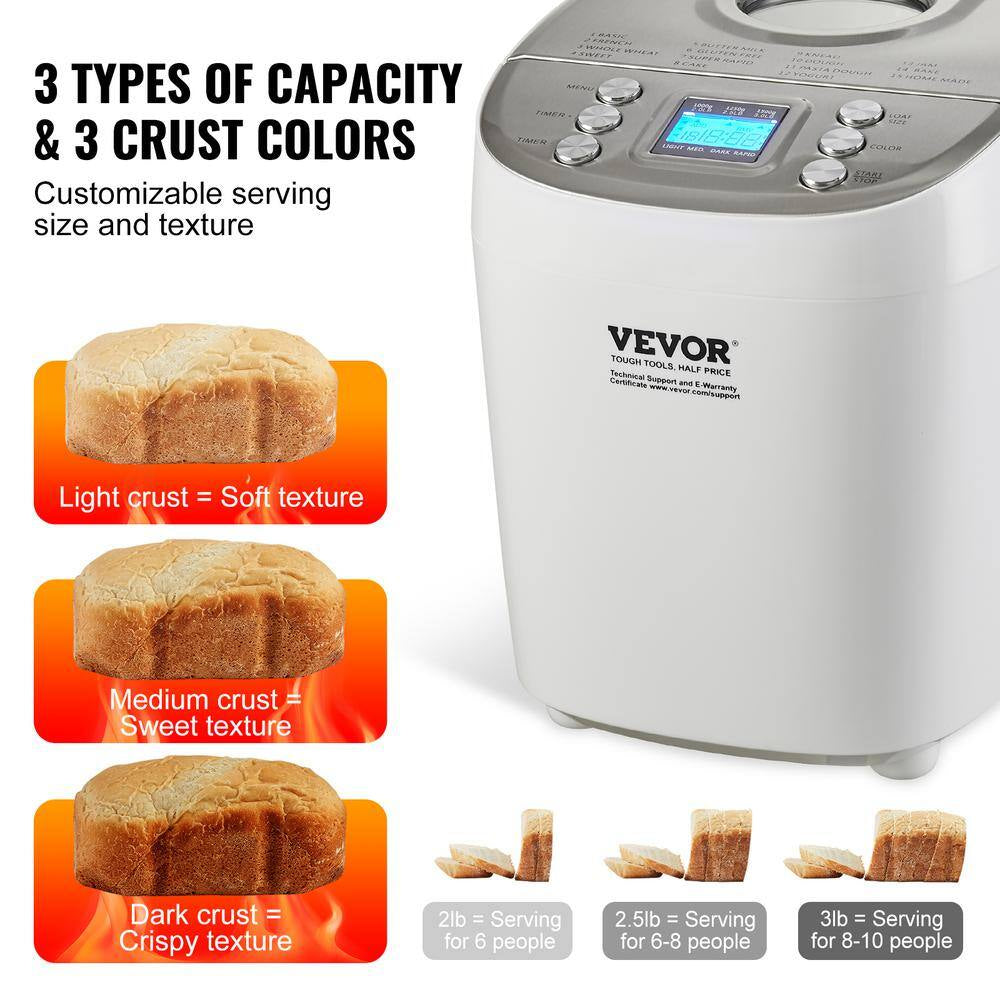 Bread Maker, 15-In-1 3 Lbs. Dough Machine, Nonstick Ceramic Pan Automatic Breadmaker with Gluten Free Setting White