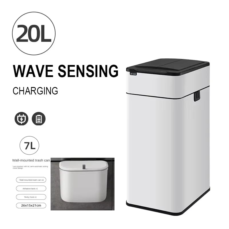 Smart Trash Can 20L Kitchen Two-Way Sensor Dustbin Wastebasket Automatic Bagging Trash Bin Stainless Home Rectangular Waste Bin