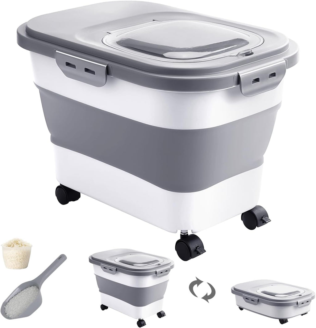 20-30 Lbs Rice Storage Container,Collapsible Food Storage Containers with Rolling Wheel Airtight Locking Lid,Flour Storage Container with Cup and Scoop,Suitable for Food,Rice,Pet Food,Flour
