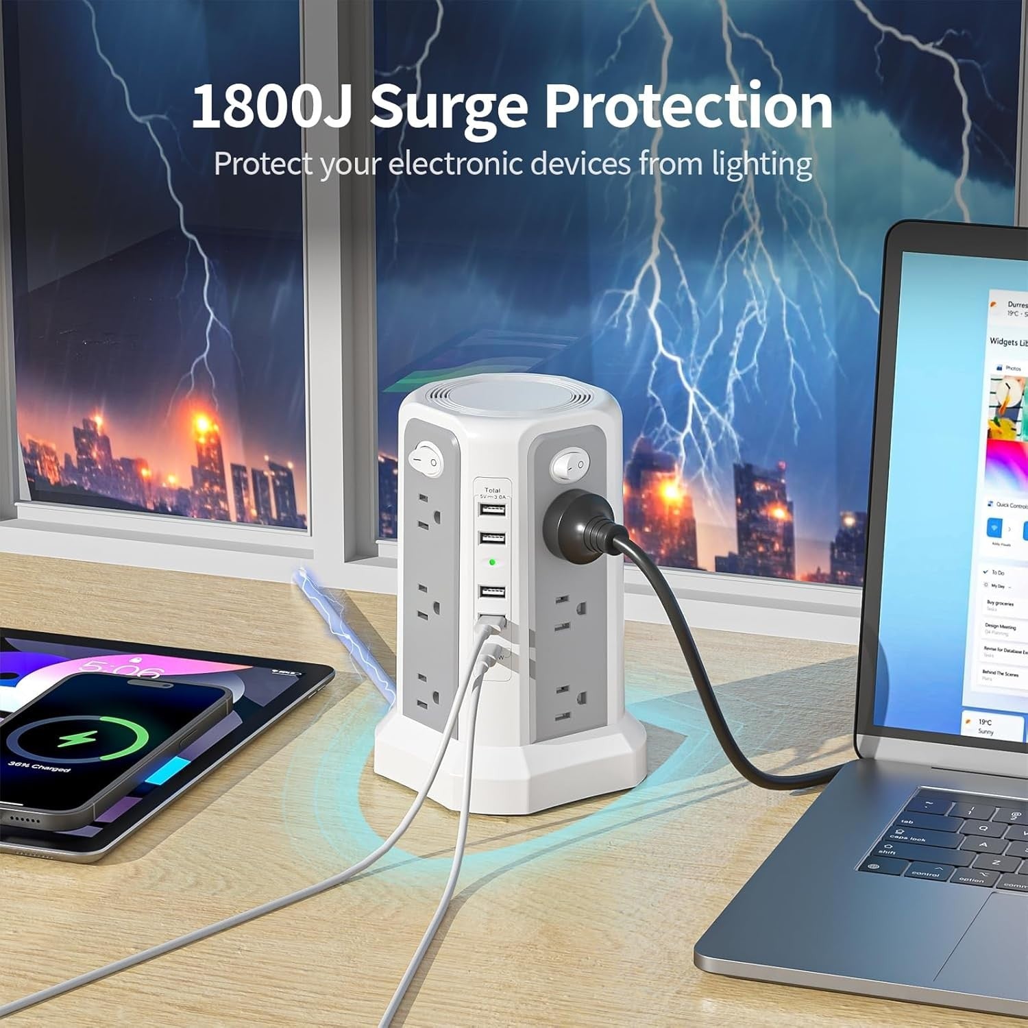 Surge Protector Power Strip Tower with USB C Port(Pd18W),10