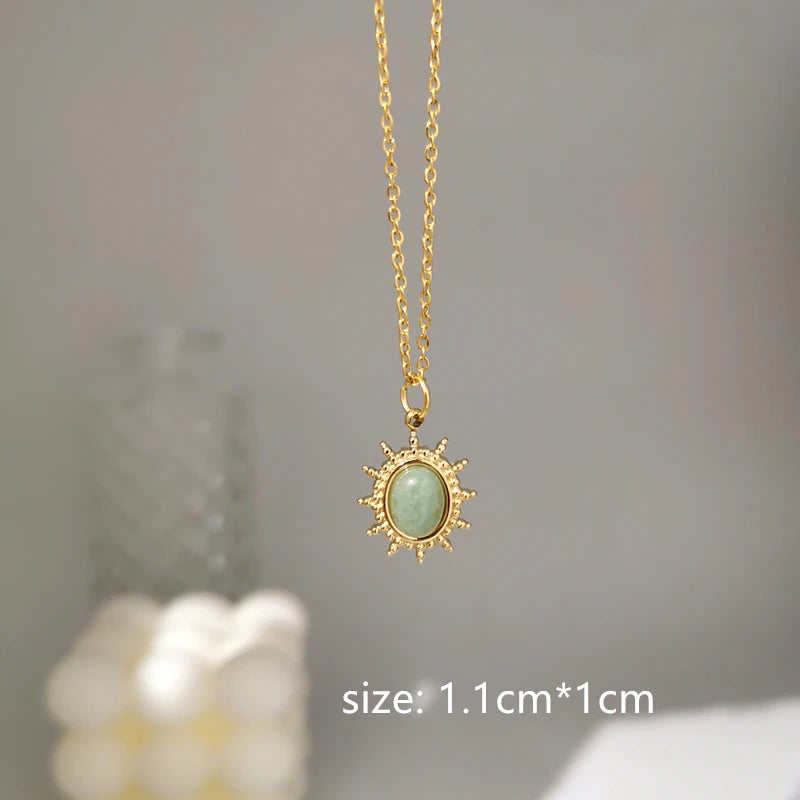 2022 New Gray Enamel round Star Sun Charm Natural Stones Pendants Necklace Stainless Steel Clavicle Chain Jewelry
