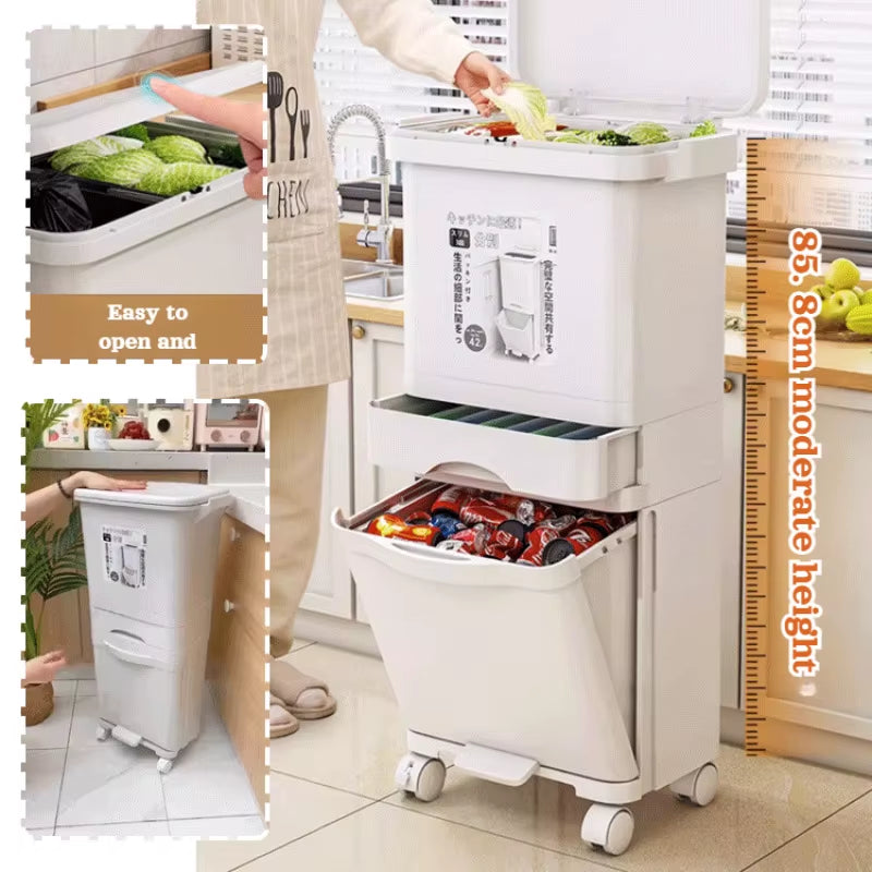 Kitchen Double Partition Trash Can Multifunctional Household Garbage Can with Lid 42L Simple Movable Dry and Wet Separation Bin