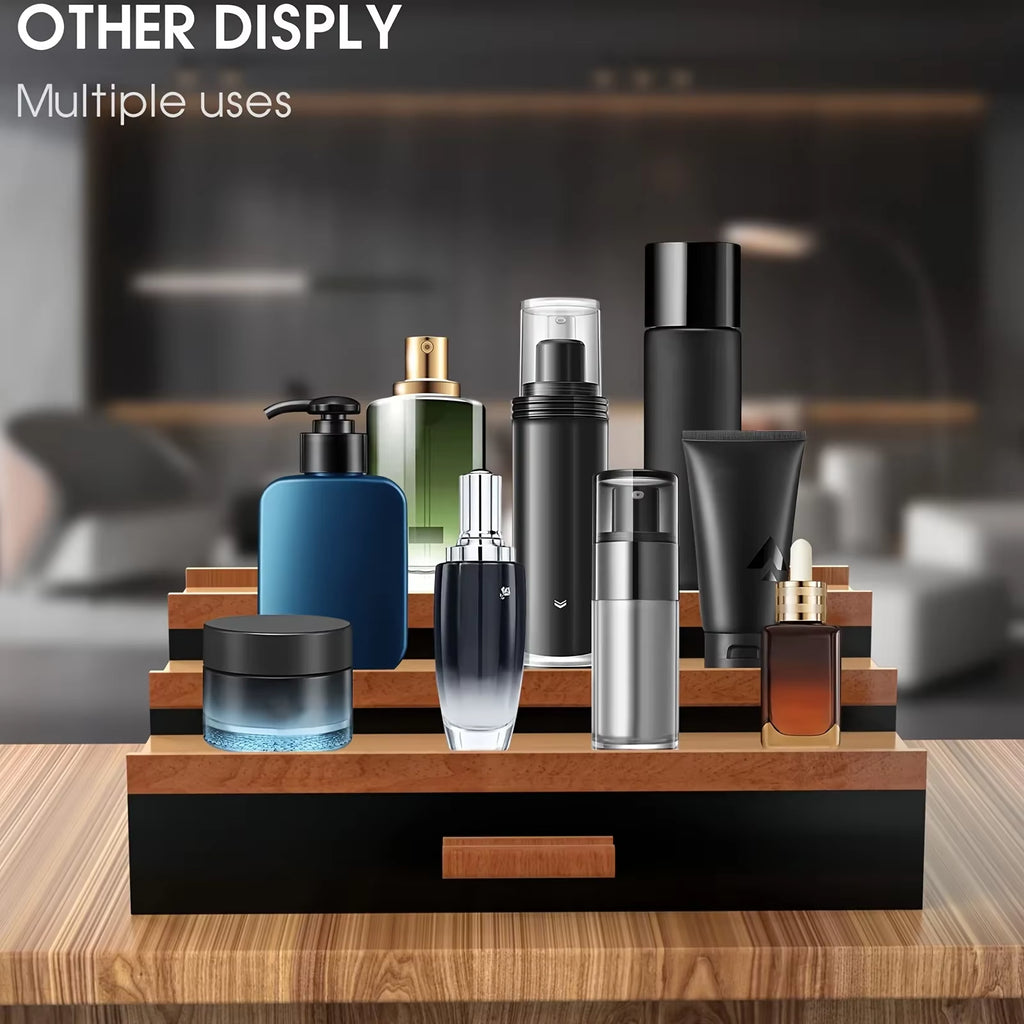 3-Tier Black Walnut Cologne Organizer with Drawer Elegant Men'S Perfume Display Stand Artisanal Storage Showcase for Home Decor