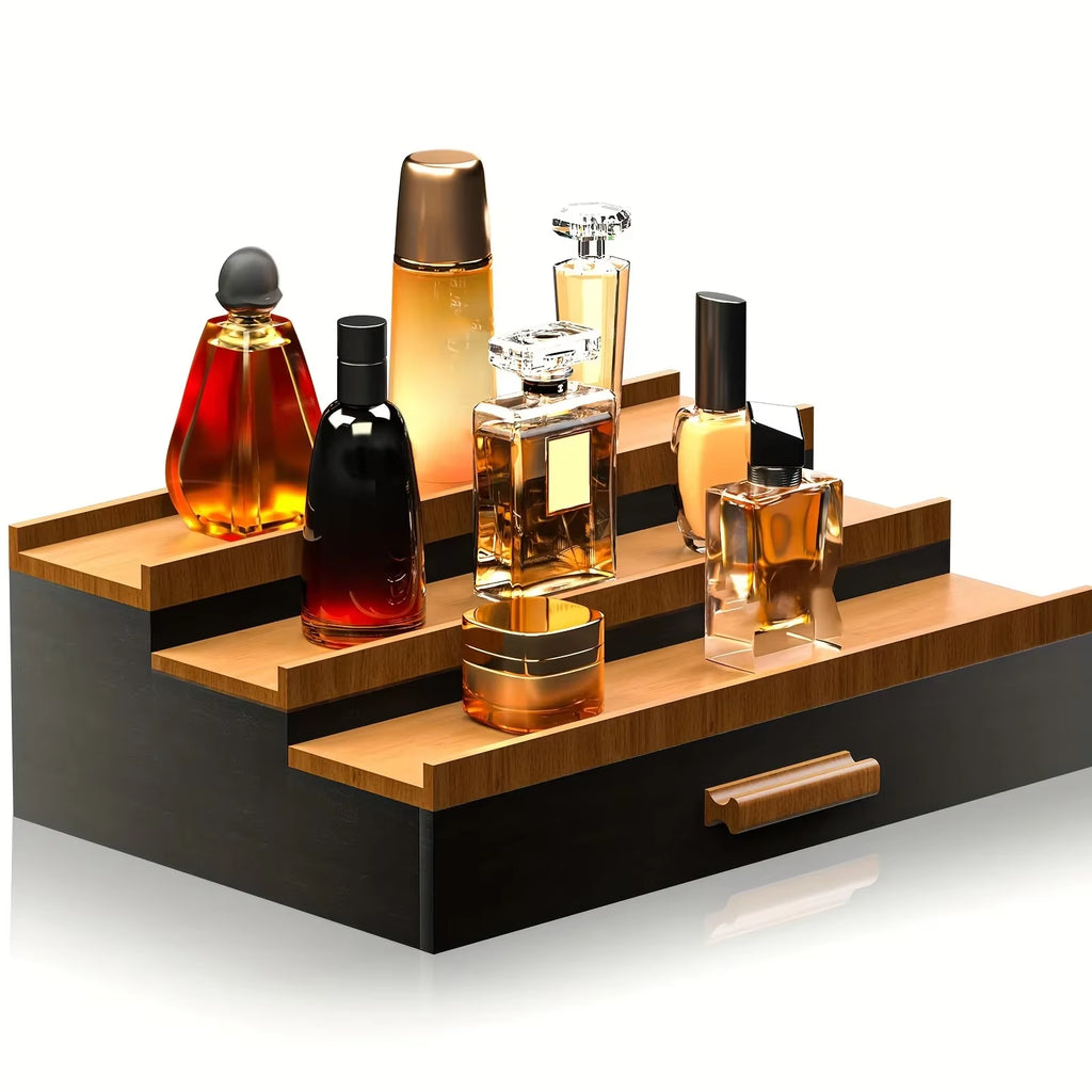 3-Tier Black Walnut Cologne Organizer with Drawer Elegant Men'S Perfume Display Stand Artisanal Storage Showcase for Home Decor