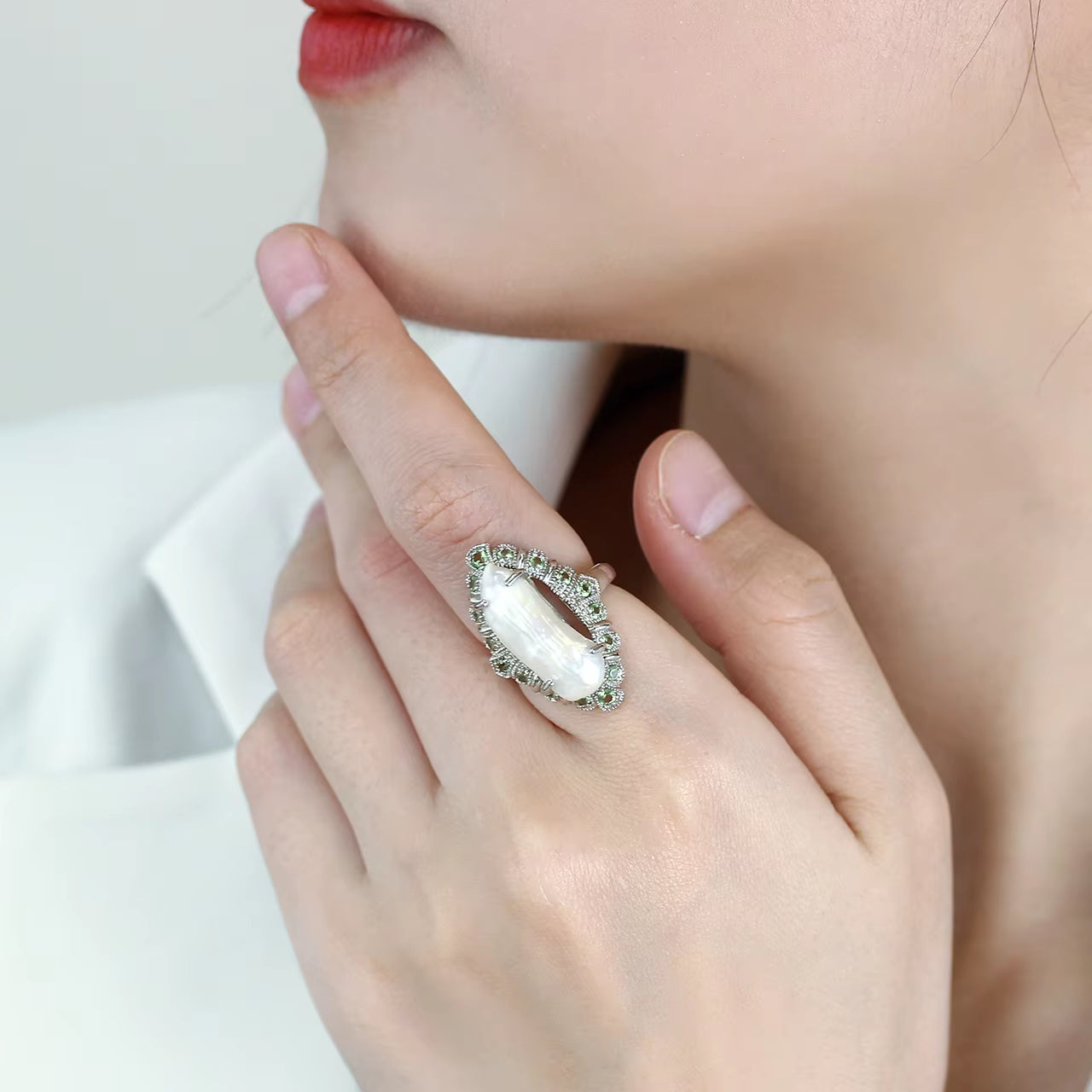 Baroque 21X9Mm Freshwater Pearl and Peridot Rhodium over Sterling Silver Ring Natural Cute Custom Pinky for Women Luxury