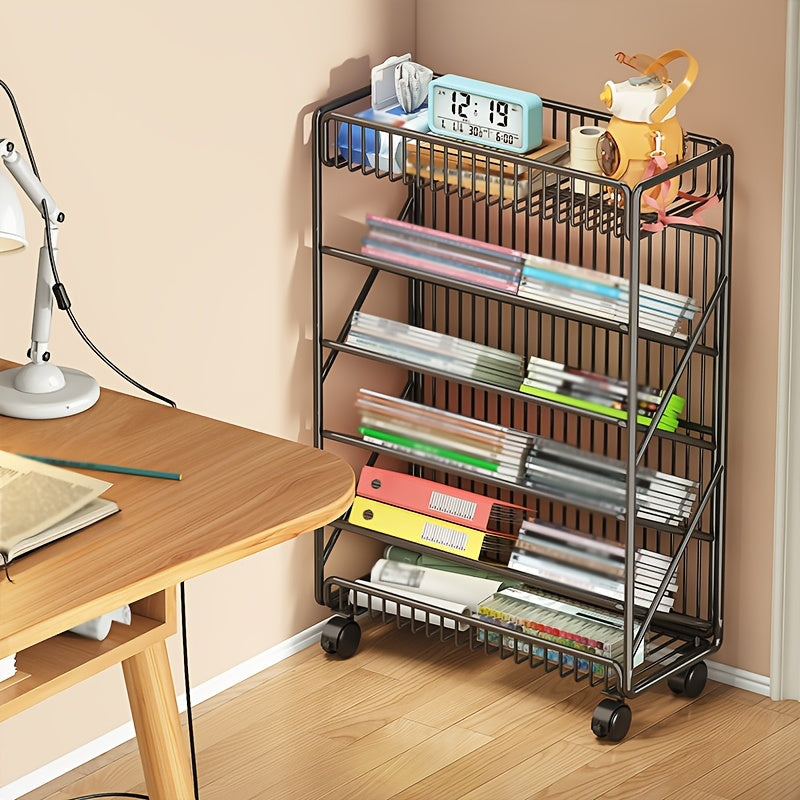Office Bookshelf with Wheels and Storage Basket-2