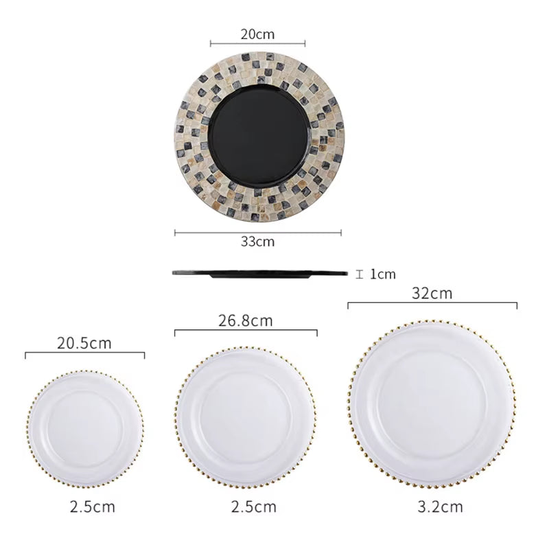 Natural Shell Wood Plates Set Golden Beads Decorative Glass Steak Pasta Plate Serving Tray Dinner Decoration Kitchen Tableware