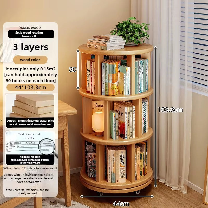 360-Degree Rotating Solid Wood Bookshelf: Floor-To-Ceiling, Wall-Mounted, Narrow Corner Cabinet