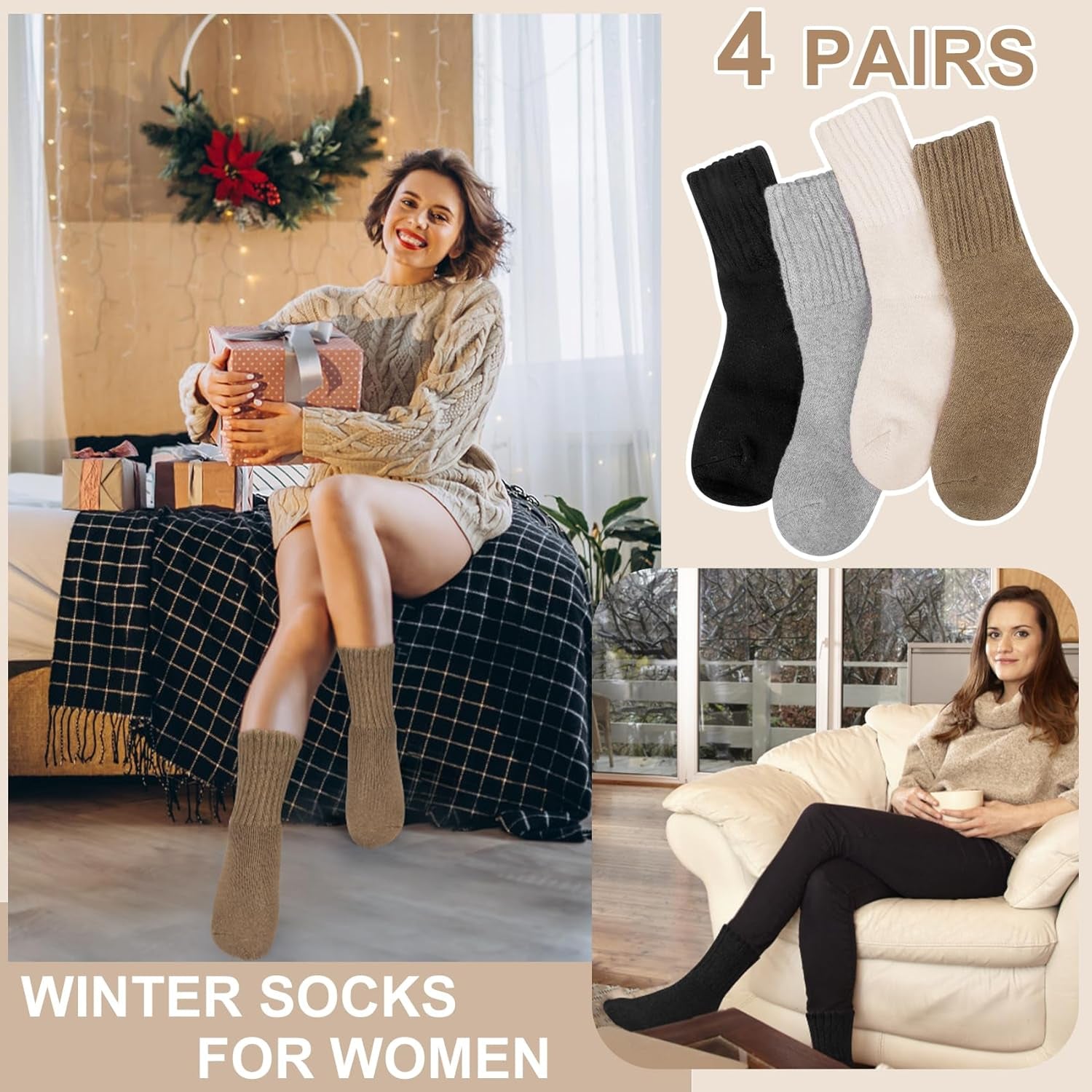 4 Pairs Womens Wool Socks - Soft, Thick, Warm Thermal Boot Winter Socks for Gifts