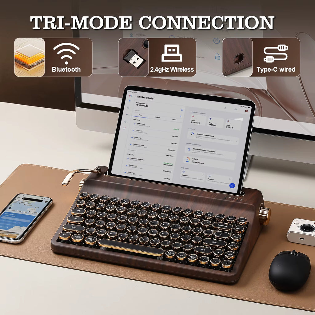 QL75 Wood QMK/VIA Mechanical Keyboard, Retro Style RGB Wireless Mechanical Keyboard, Mac/Win Customizable, Gift Box Pack