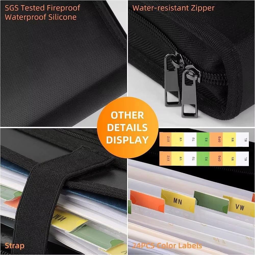 Fireproof Expanding File Folder Zipper Closure Waterproof Accordion File Organizer Space Saving Multi Pockets A4 Files Briefcase