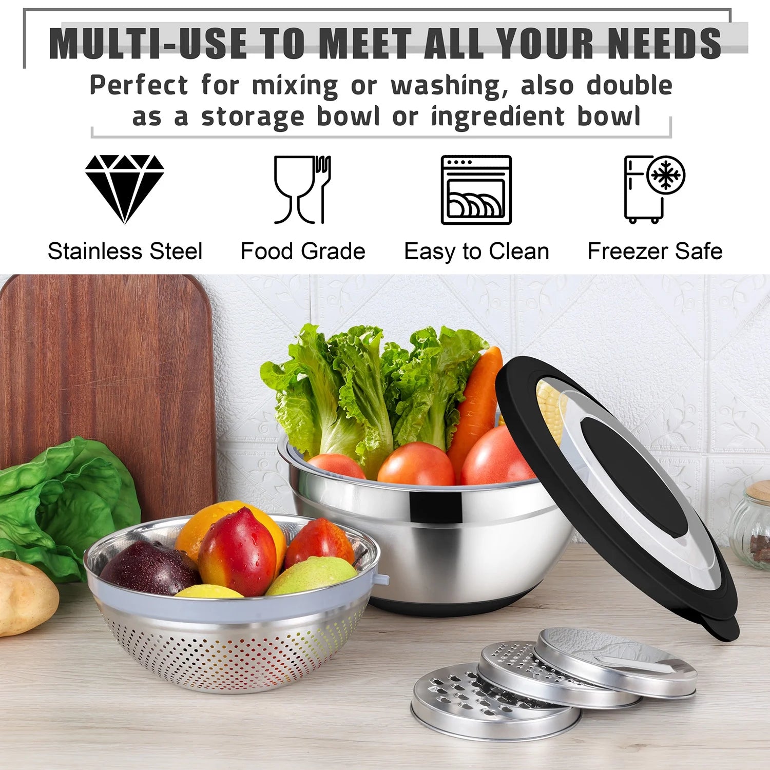 Colander with Mixing Bowl Set, 4 in 1 Stainless Steel Food Strainer with Airtight Visible Lid and 3 Graters, Multifunctional Kitchen Prep Bowls for Washing/Draining/Mixing/ Grating - Black