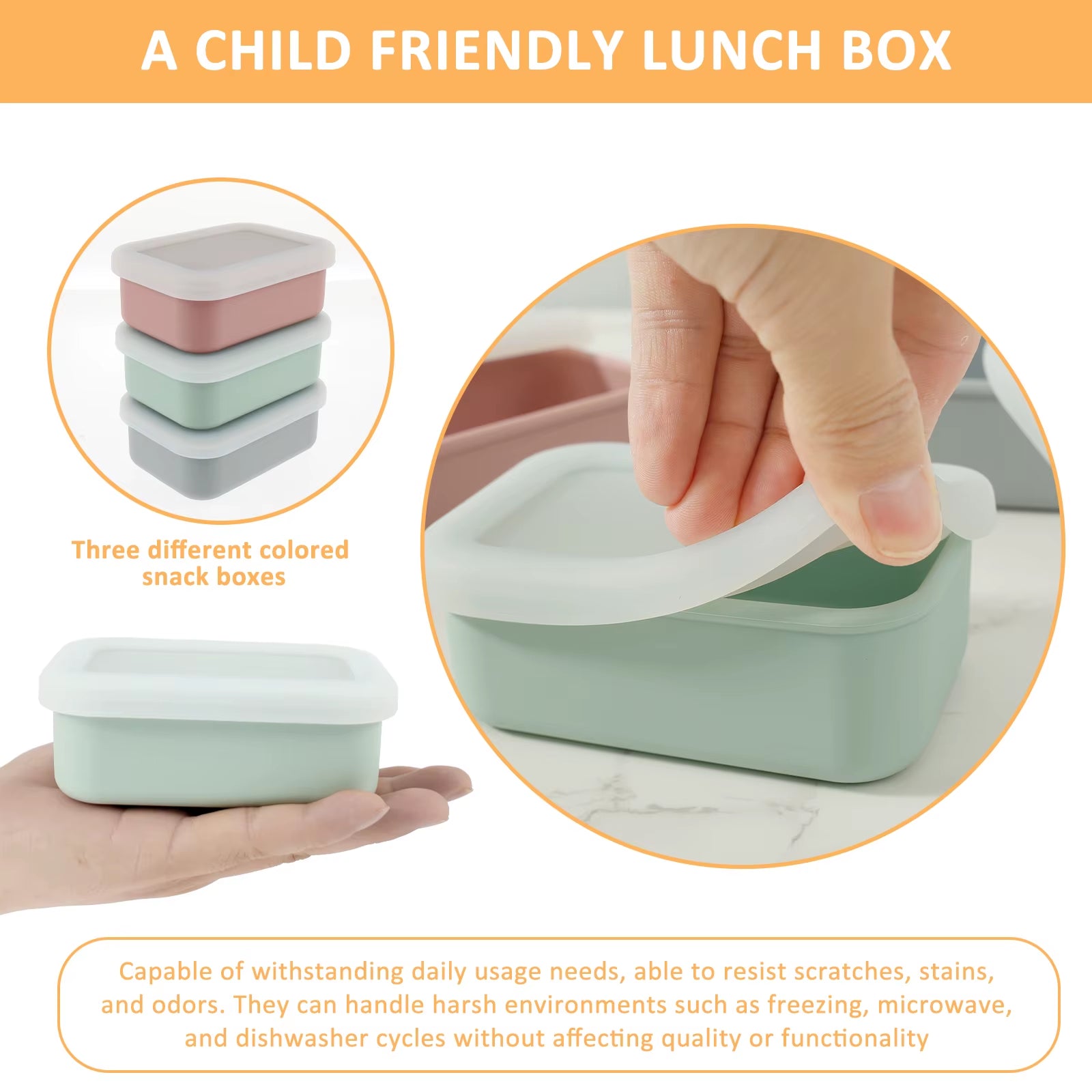 3Pcs Kids Silicone Food Storage Containers Leakproof Silicone Lunch Box Bento Box BPA Free Kitchen Pantry Dishwasher Safe