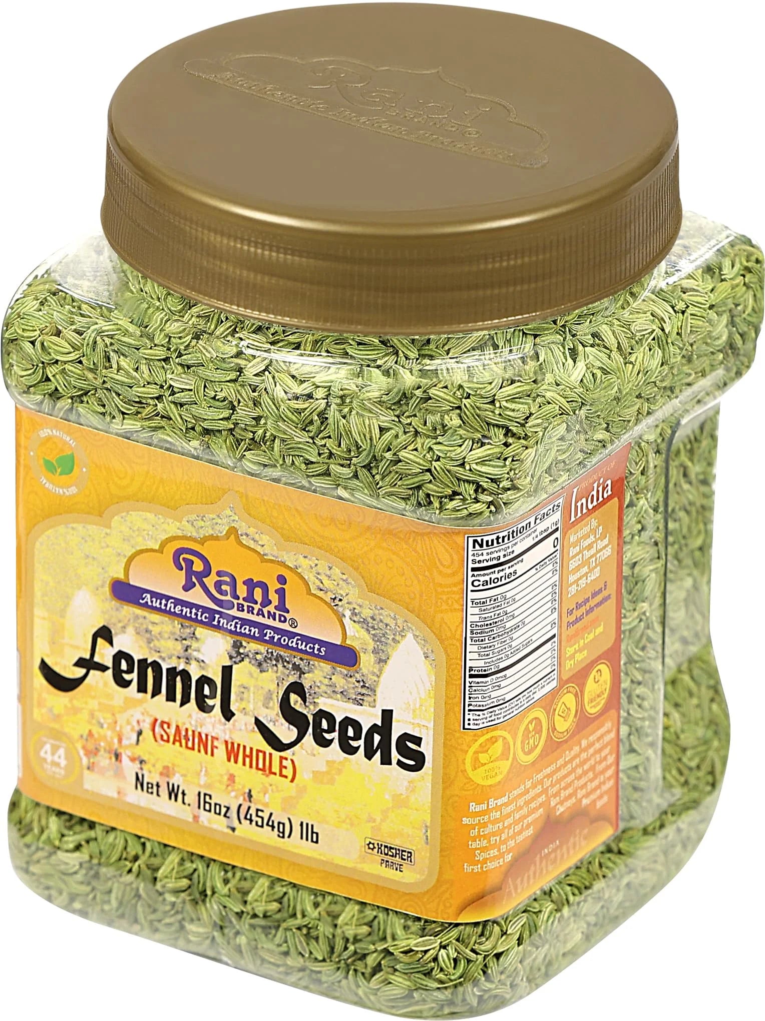 Fennel Seeds (Saunf Sabut) Whole Spice 16Oz (1Lb) 454G PET Jar ~ All Natural | Gluten Friendly | NON-GMO | Vegan | Kosher | Indian Origin