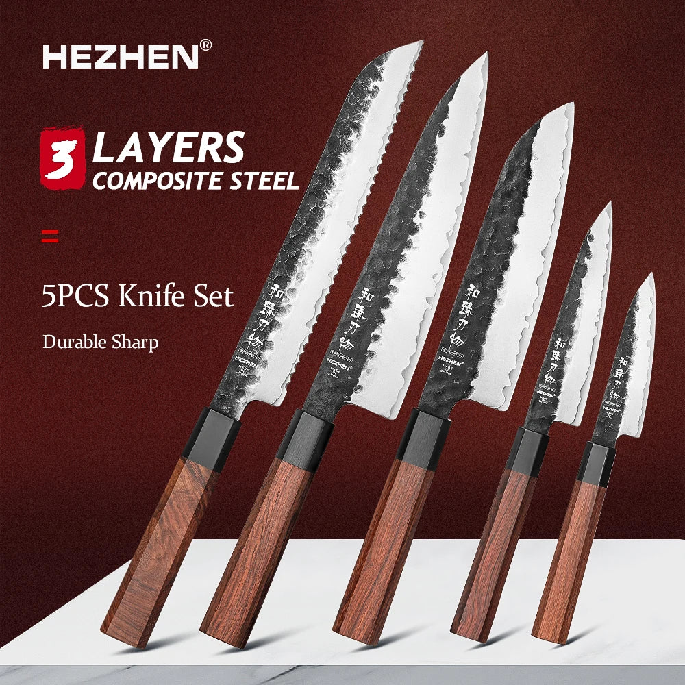 1PC-5PC Kitchen Knife Set Chef Utility Stainless Steel 3 Layers Composite Steel Santoku Nakiri Kitchen Accessories