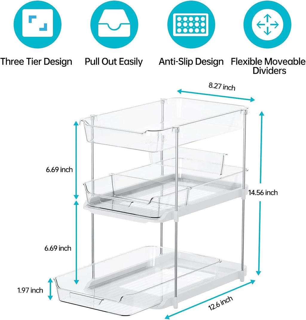 3-Tier Multi-Purpose Bathroom under Sink Organizers and Storage, Stackable Clear Pantry Organization and Storage, Pull Out Kitchen Cabinet Organizer with Movable Dividers