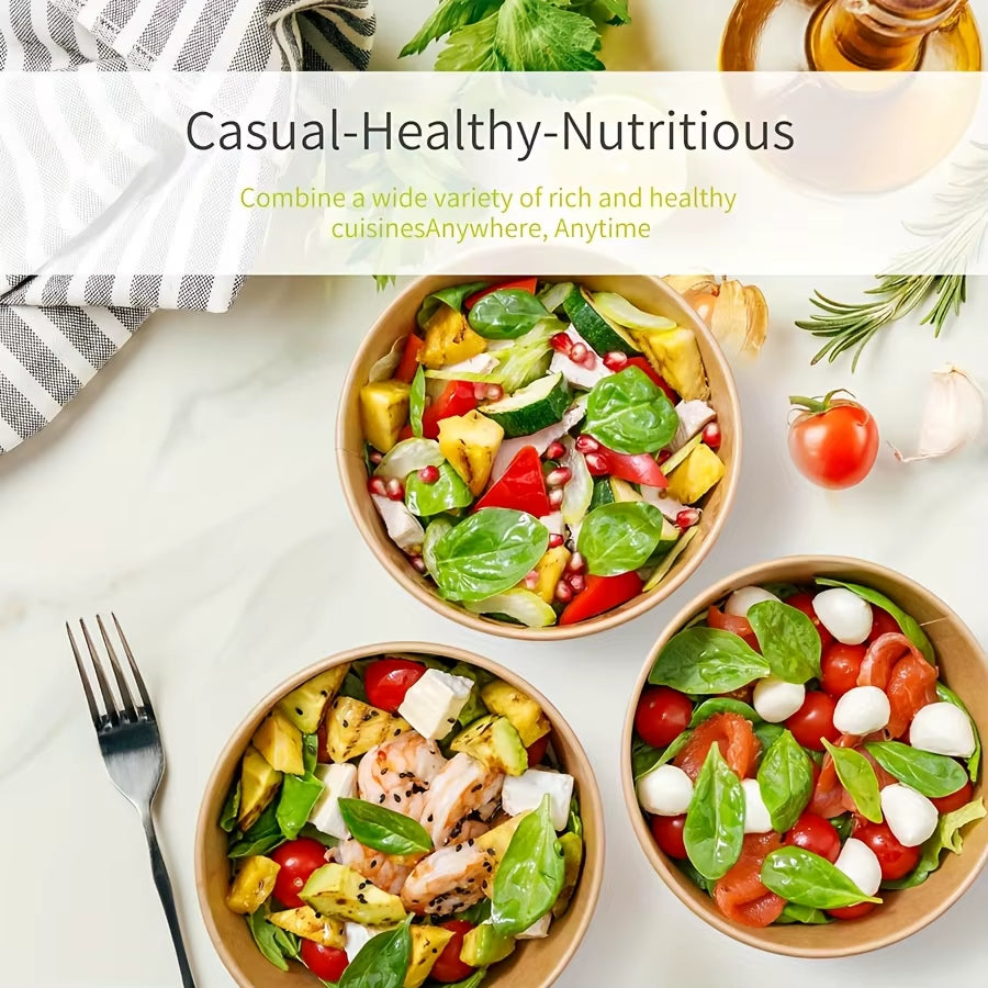 25Pcs/Set Disposable Kraft Paper Bowls with Lids for Soup Salad Noodles Takeaway Lunch Boxes Set Eco-Friendly Food Packaging Box