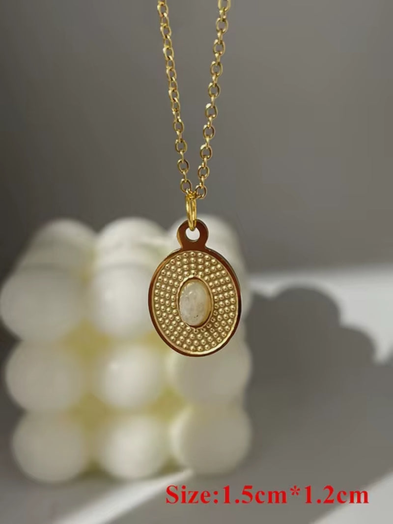 2022 New Gray Enamel round Star Sun Charm Natural Stones Pendants Necklace Stainless Steel Clavicle Chain Jewelry