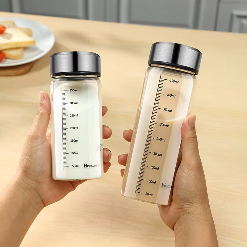 Portable Glass Water Bottle Hot Milk Bottle Graduated Cup with Lid Refrigerated Milk Tea Cup Outdoor Sports Water Bottle