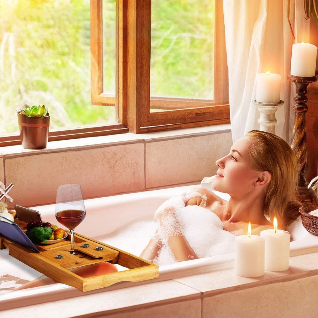 Bamboo Bathtub Caddy Tray, Bath Tub Tray with 12-In-1 Features Adjustable Bathtub Table, Non-Slip and Holds Books/Tablets/Cell Phone/Towels/Foods/Wineglass/Soap Dish (Single Box)