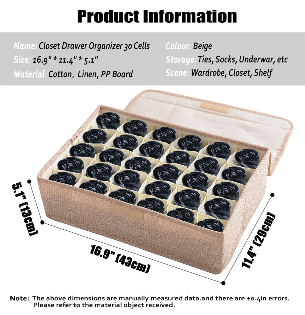 2 Pack Underwear Socks Ties Storage Organizer with Lids, 30 Cells Each