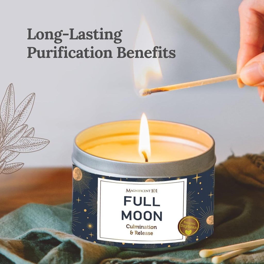 Full Moon Candle Aromatherapy Tin - 6 Oz Rose - Natural Soy Wax - Sage, Frankincense & Sandalwood - 35 Hour Burn - Spiritual Decor