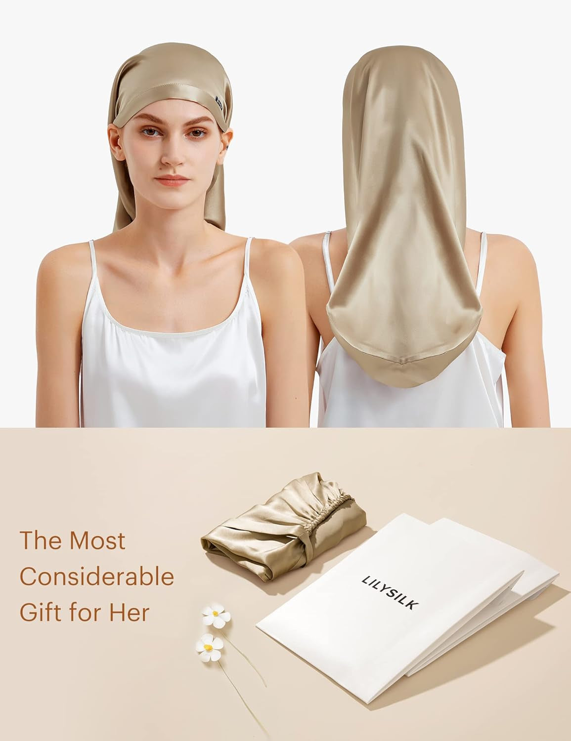 Mulberry Silk Sleep Cap 100% 19 Momme Long Silk Bonnet for Curly Hair, Night Cap for Sleeping, Silk Hair Wrap for Women Coffee