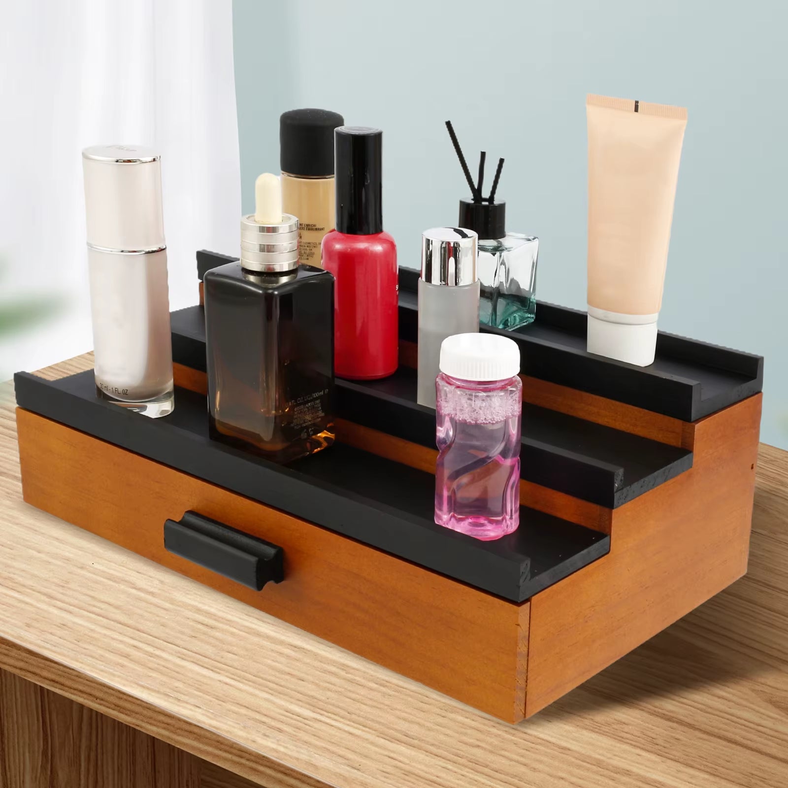 Wooden Cologne Organizer 3-Tiers Perfume Storage Display Stand with Drawer Versatile Jewelry Make up Cosmetics Storage Organizer