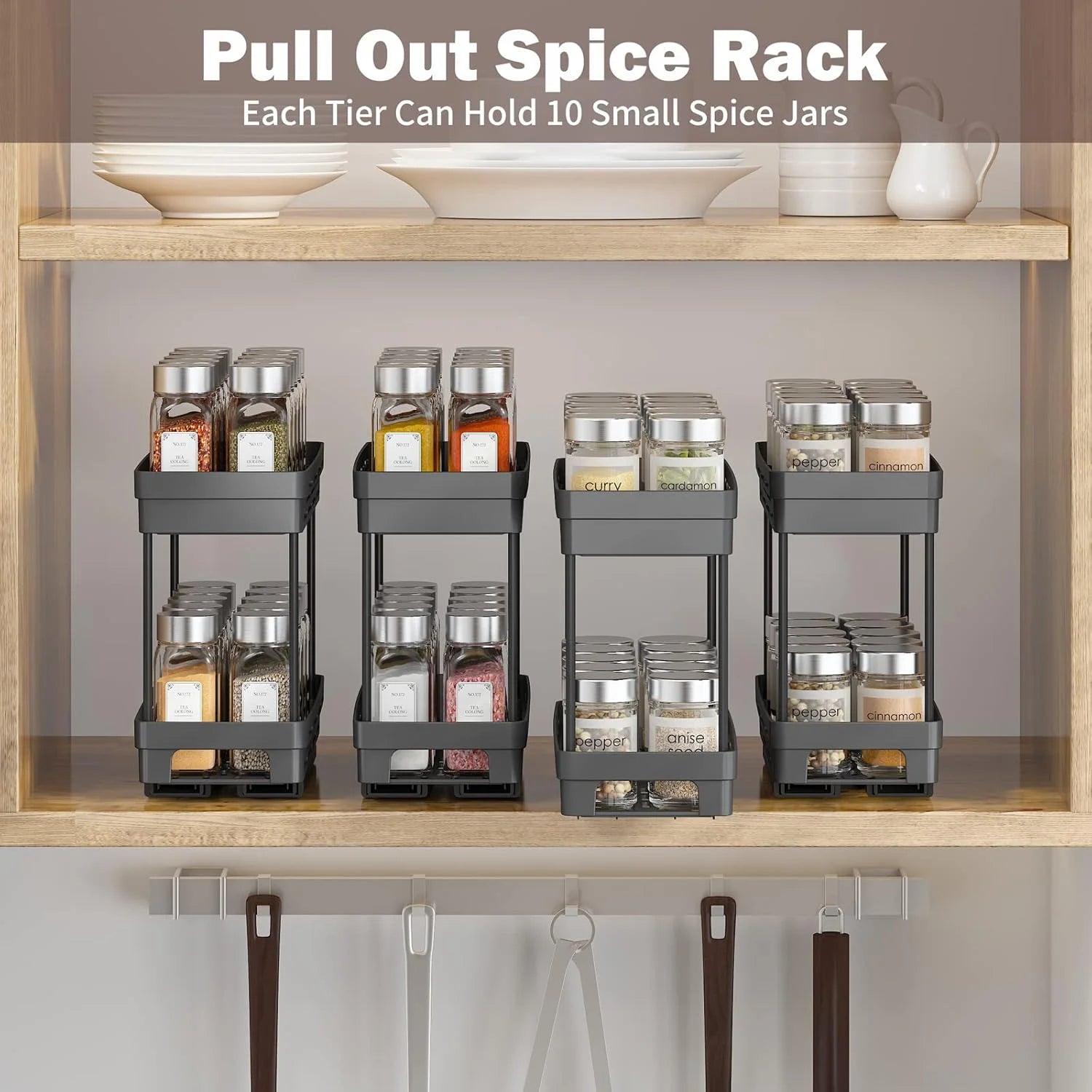 3 Packs Pull Out Spice Rack Organizer for Cabinet,  Slide Out Spice Racks Organizer, Easy to Install Spice Cabinet Organizers, 4.33''Wx10.4''Dx8.5''H, Each Tier Hold 10 Spice Jars - 2 Tier
