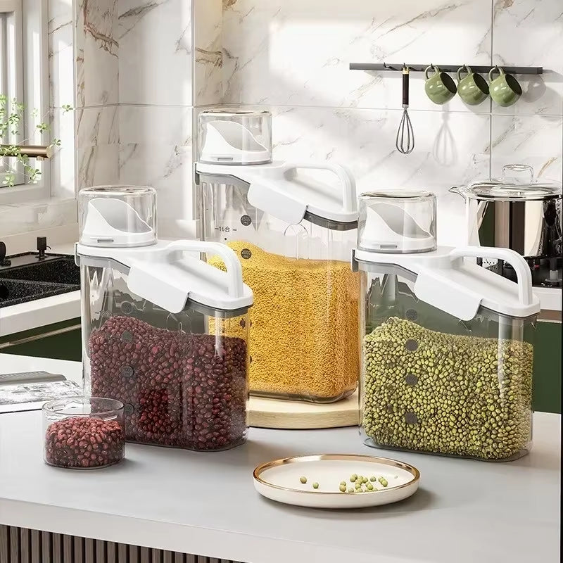 Grain Storage Tank 1500ML Cereal Storage Box with Measuring Cup Food Bean Grain Sealed Jar Kitchen Dispenser Storage Bottle