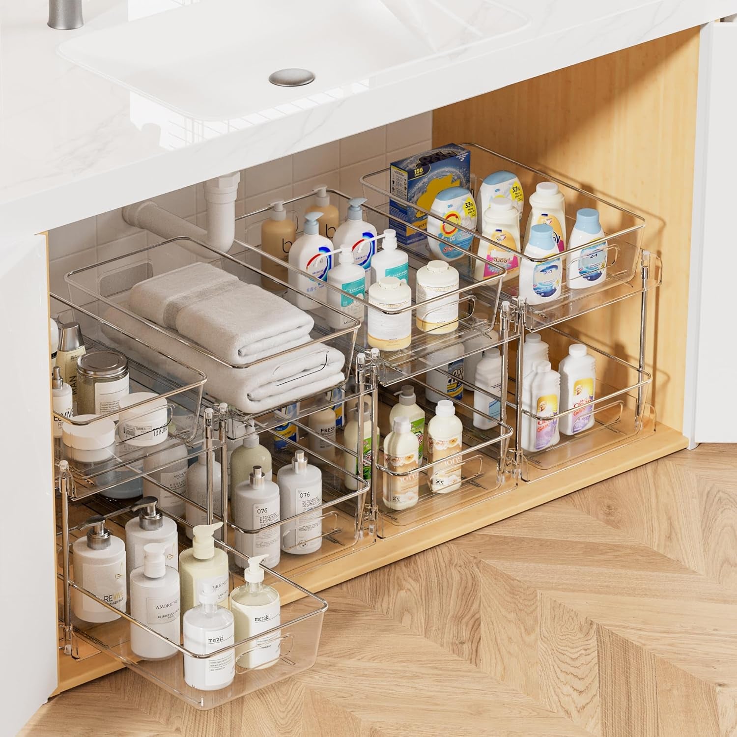 4 Pack Bathroom Organizer, 2 Tier Clear under Sink Organizers Vanity Countertop Storage Container,Cabinet Drawers Bins, Pull-Out Organization with Track for Pantry, Kitchen