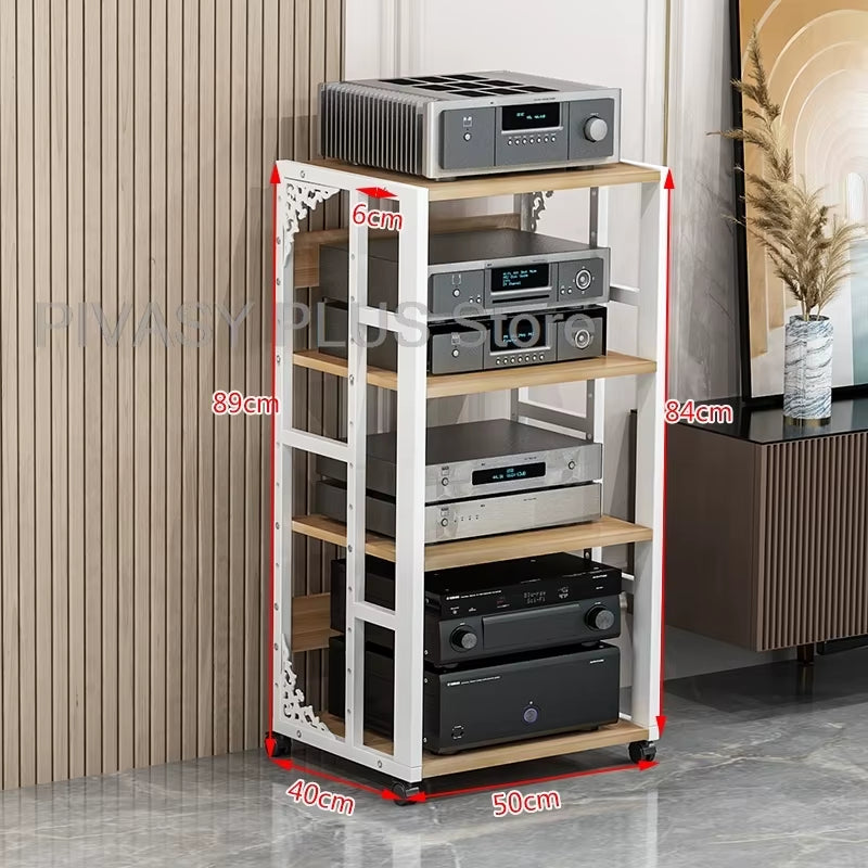 Adjustable 2-5 Tier Audio Rack Steel Frame Media Console E1 Panels Amplifiers Bracket with Wheels for Amp Home Theather Storage